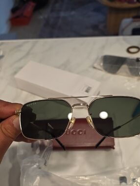 Gucci Men's Gold Frame Dark Green Lens Aviator Sunglasses GG1957SA 001 GOLD GREY